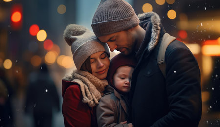 Family Christmas walk through the streetsの素材
