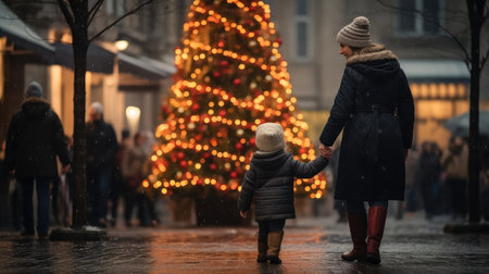 Family Christmas walk through the streetsの素材