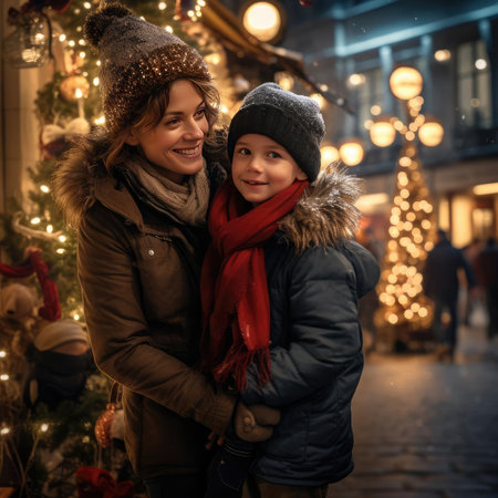 Family Christmas walk through the streetsの素材