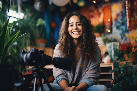 Joyful young woman bloggerの素材