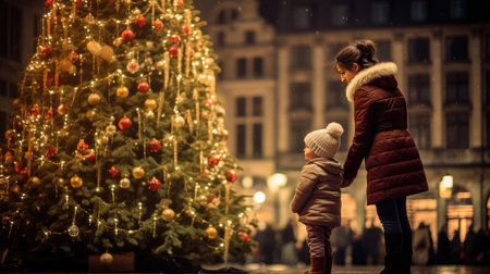 Family Christmas walk through the streetsの素材