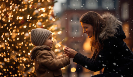 Family Christmas walk through the streetsの素材