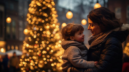 Family Christmas walk through the streetsの素材