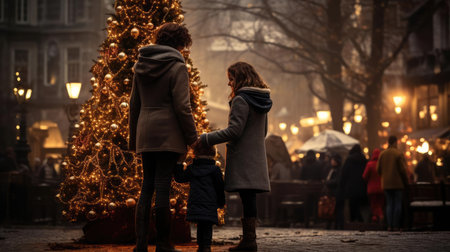 Family Christmas walk through the streetsの素材
