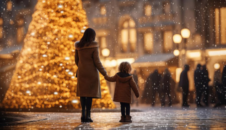 Family Christmas walk through the streetsの素材