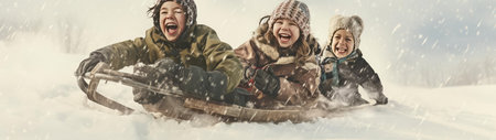 Children are sledding down the snowy slopeの素材