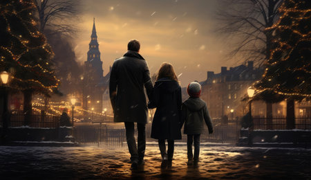 Family Christmas walk through the streetsの素材