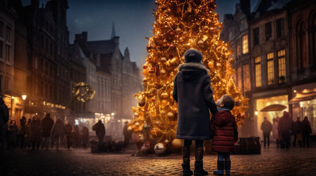 Family Christmas walk through the streetsの素材