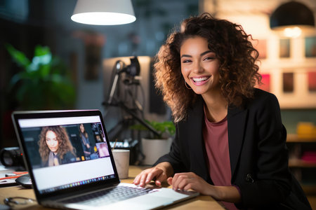 Joyful young woman bloggerの素材