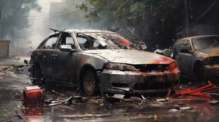 A car wrecked in a road accidentの素材