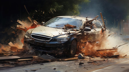 A car wrecked in a road accidentの素材