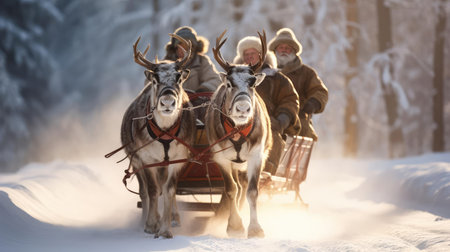 A man controls a team of reindeerの素材