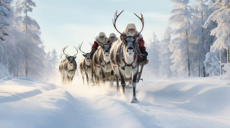 A man controls a team of reindeerの素材