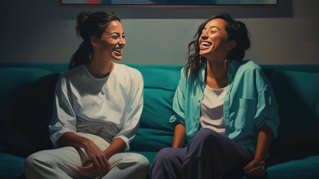 Two young female girlfriends sitting togetherの素材