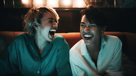 Two young female girlfriends sitting togetherの素材
