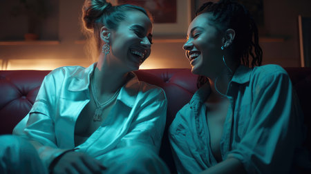 Two young female girlfriends sitting togetherの素材