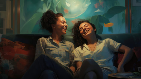 Two young female girlfriends sitting togetherの素材