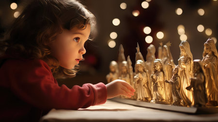 Girl next to Christmas toysの素材