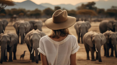 Young woman in savannah with elephantsの素材