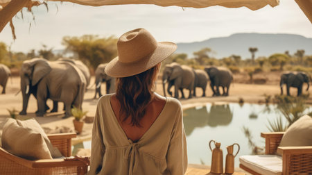 Young woman in savannah with elephantsの素材