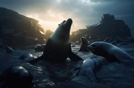 Sea lions on rocks in the waterの素材
