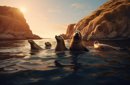 Sea lions on rocks in the waterの素材