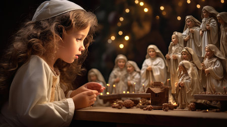 Girl next to Christmas toysの素材