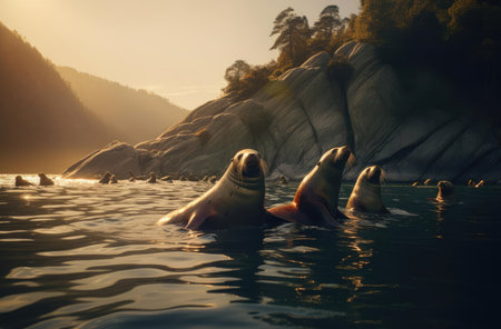 Sea lions on rocks in the waterの素材