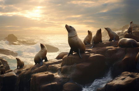 Sea lions on rocks in the waterの素材
