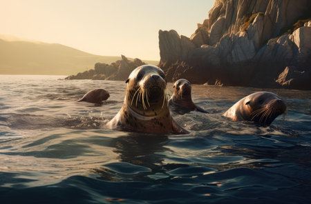 Sea lions on rocks in the waterの素材