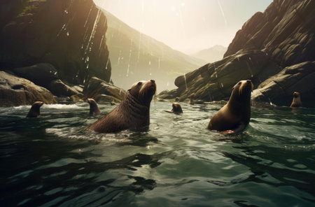 Sea lions on rocks in the waterの素材