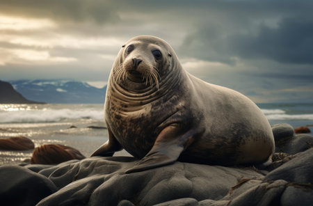 Sea lions on rocks in the waterの素材