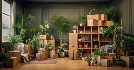 Cardboard boxes and house plants in the roomの素材