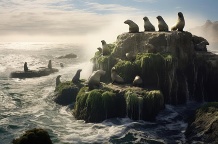 Sea lions on rocks in the waterの素材