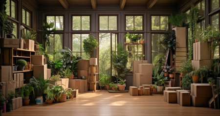 Cardboard boxes and house plants in the roomの素材