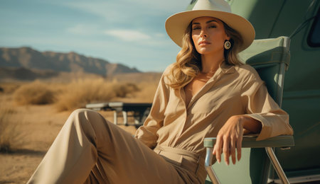 Beautiful young woman sitting in folding chairの素材