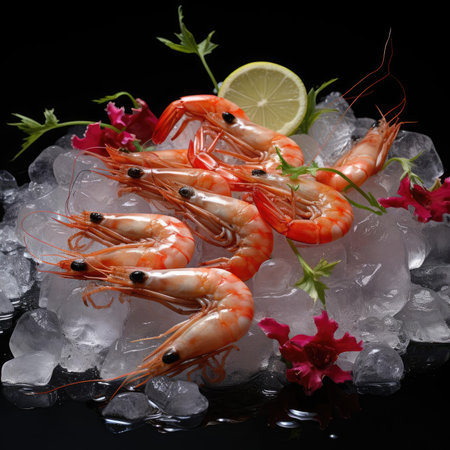 Shrimp with ice on the tableの素材