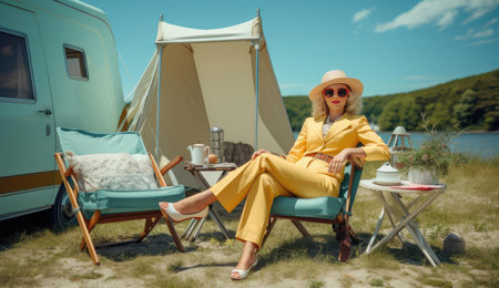 Beautiful young woman sitting in folding chairの素材