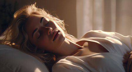 Young beautiful woman sleeping in bedの素材