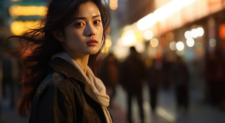 Young beautiful woman against the background of the cityの素材