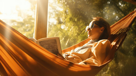 Young woman lying in hammockの素材