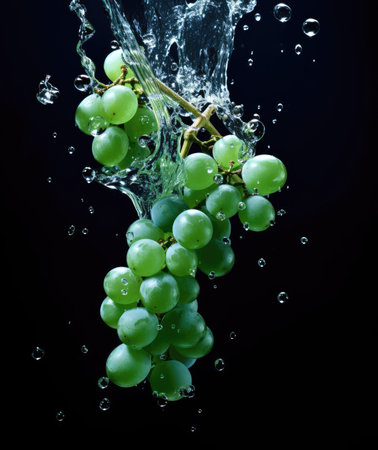 Bunches of grapes fall into the waterの素材