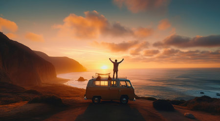 A man stands on the roof of a minivan on the beachの素材