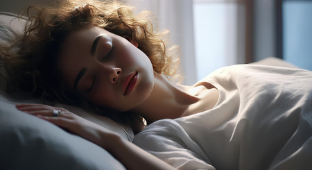 Young beautiful woman sleeping in bedの素材