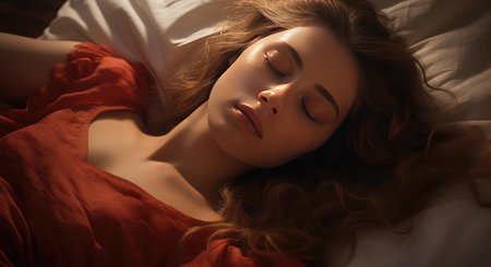 Young beautiful woman sleeping in bedの素材