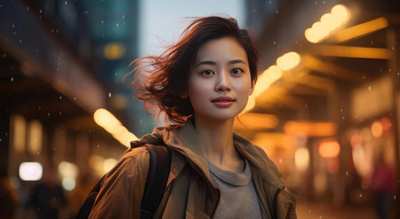 Young beautiful woman against the background of the cityの素材