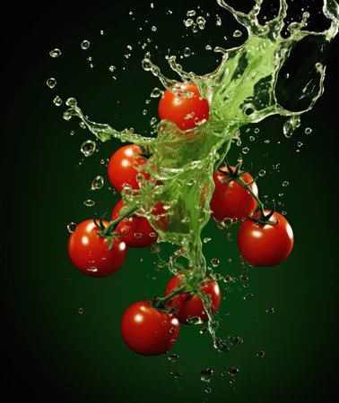 Red tomatoes fall into the waterの素材