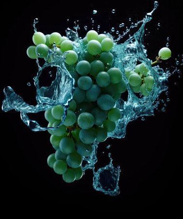 Bunches of grapes fall into the waterの素材