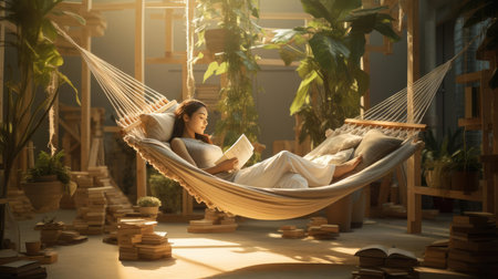 Young woman lying in hammockの素材