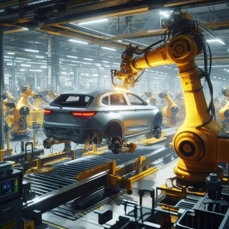 An industrial robot assembles a carの素材